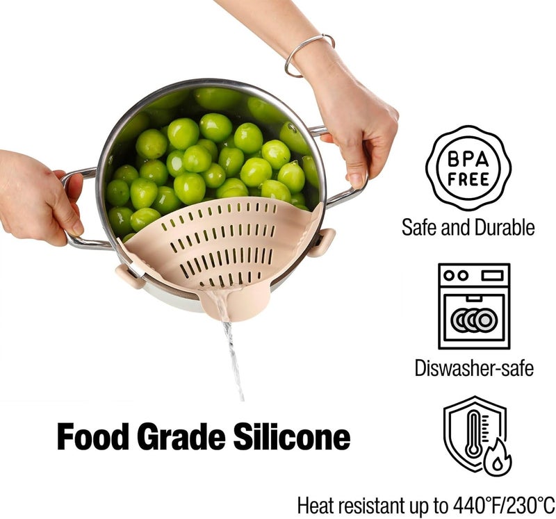 Emptycolor Silicone Pot Strainer, Adjustable Clip On Strainer for Pots Pans, Heat Resistant Pot Drainer, Kitchen Pasta Colander for Vegetables and Noodles (Light Tan) - Image 3